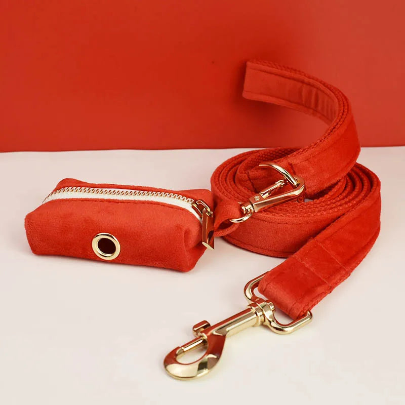 Red Velvet Dog Collar And Leash Set