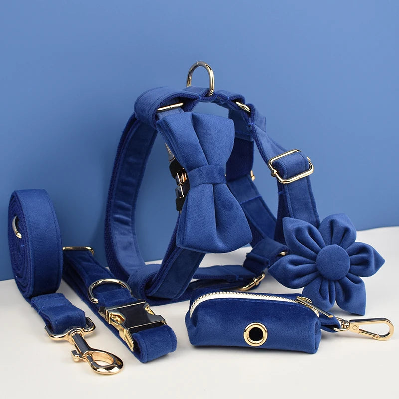 Navy Blue Velvet Dog Collar And Leash Set