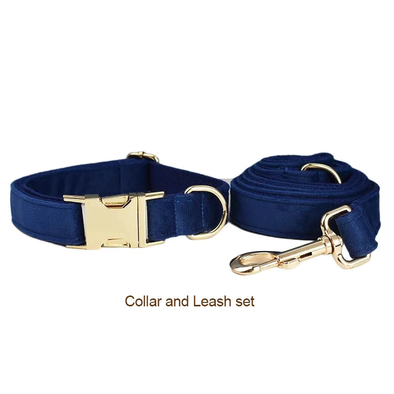 Navy Blue Velvet Dog Collar And Leash Set