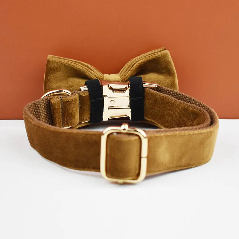 Light Coffee Color Velvet Dog Collar And Leash Set