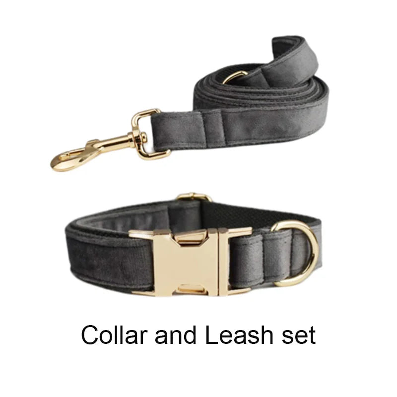 Dark Grey Velvet Dog Collar And Leash Set