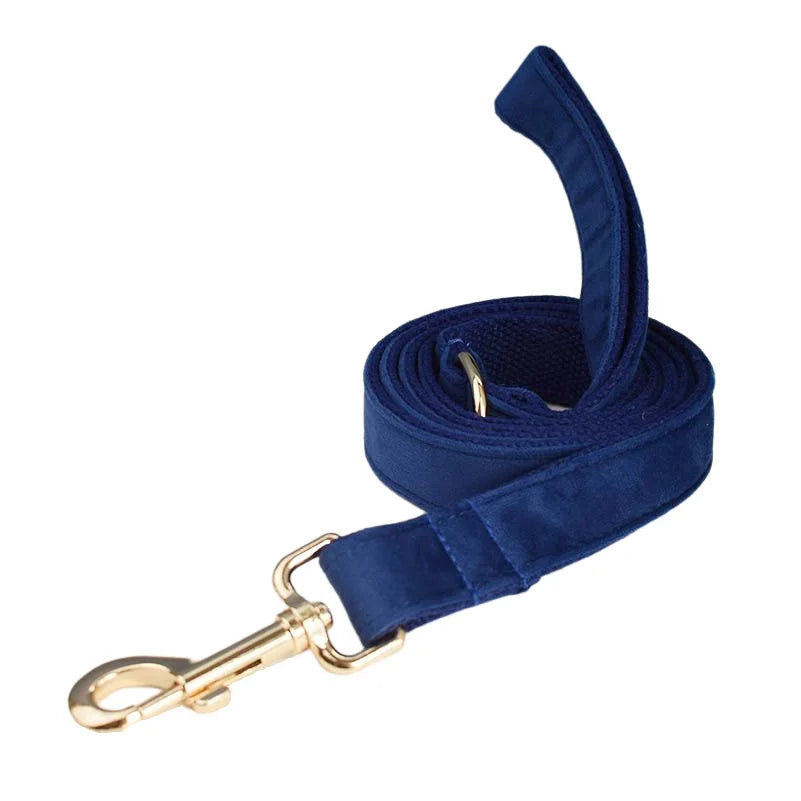 Navy Blue Velvet Dog Collar And Leash Set