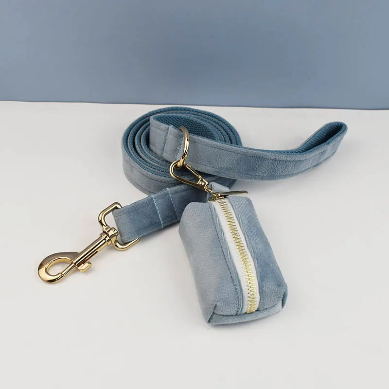 The Nordic Blue Velvet Dog Collar And Leash Set