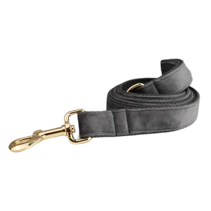 Dark Grey Velvet Dog Collar And Leash Set