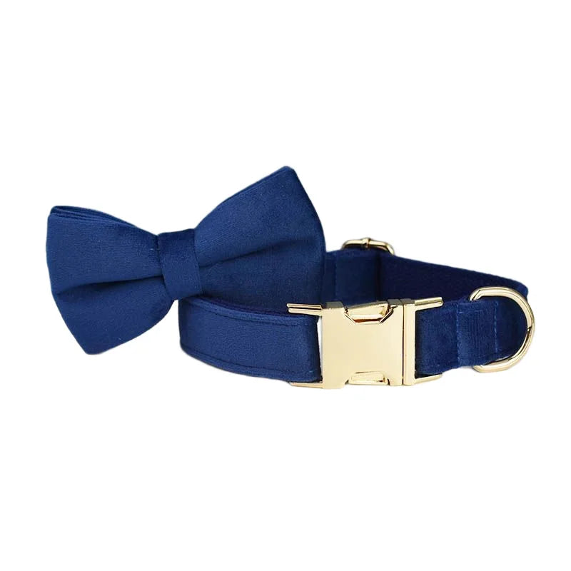 Navy Blue Velvet Dog Collar And Leash Set