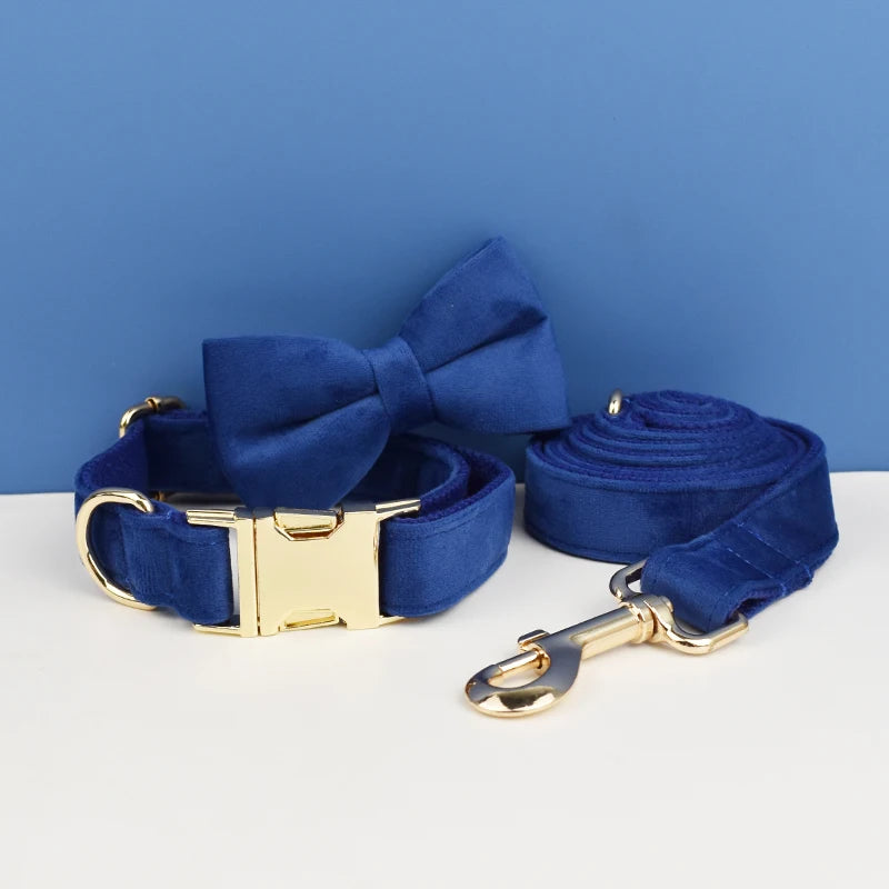 Navy Blue Velvet Dog Collar And Leash Set