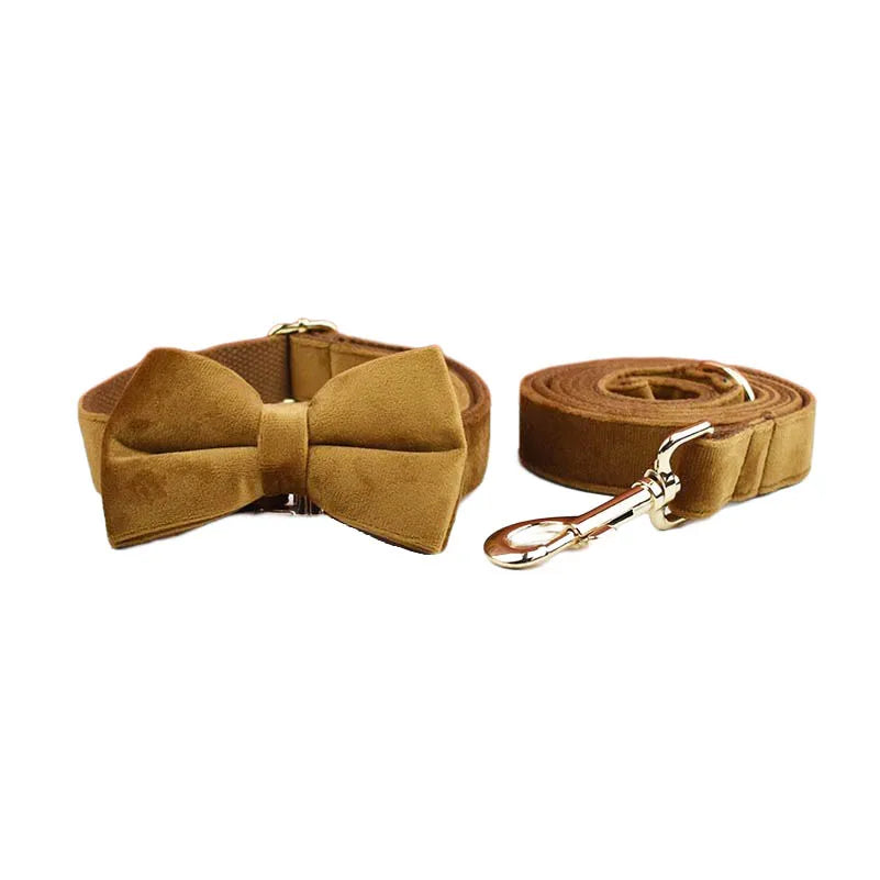 Light Coffee Color Velvet Dog Collar And Leash Set