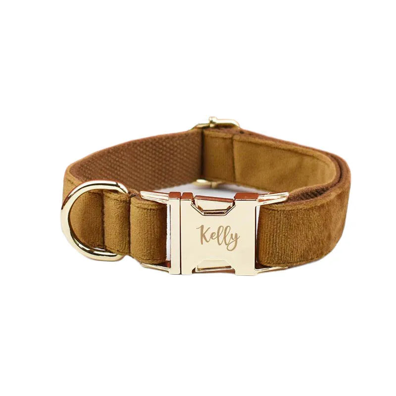 Light Coffee Color Velvet Dog Collar And Leash Set