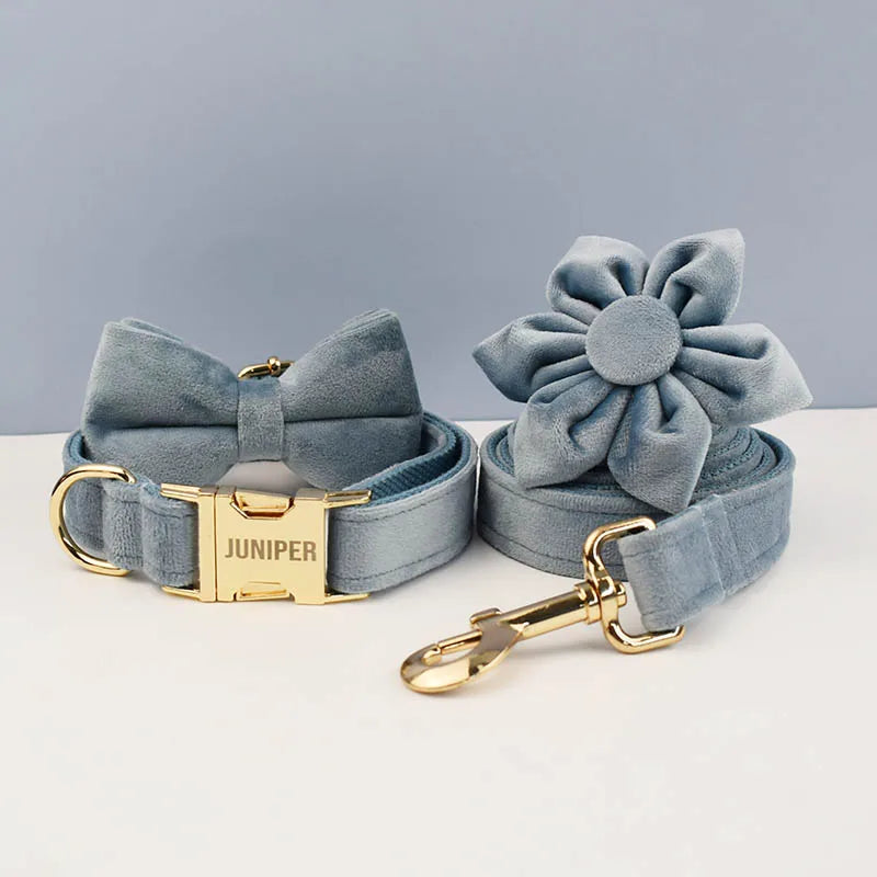 The Nordic Blue Velvet Dog Collar And Leash Set