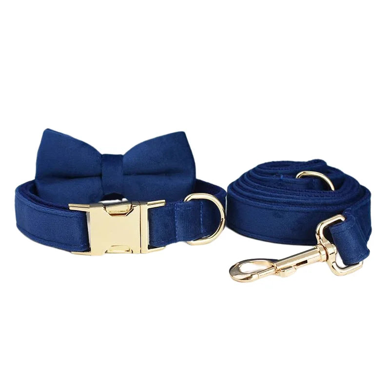 Navy Blue Velvet Dog Collar And Leash Set