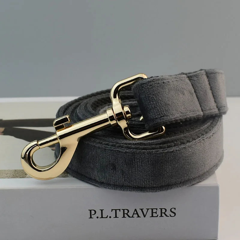 Dark Grey Velvet Dog Collar And Leash Set