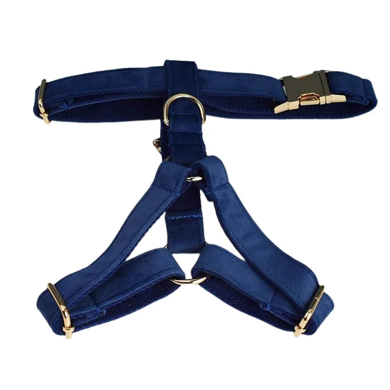 Navy Blue Velvet Dog Collar And Leash Set