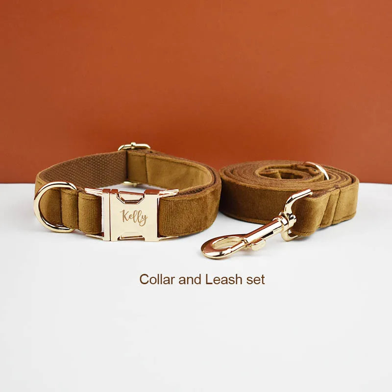 Light Coffee Color Velvet Dog Collar And Leash Set