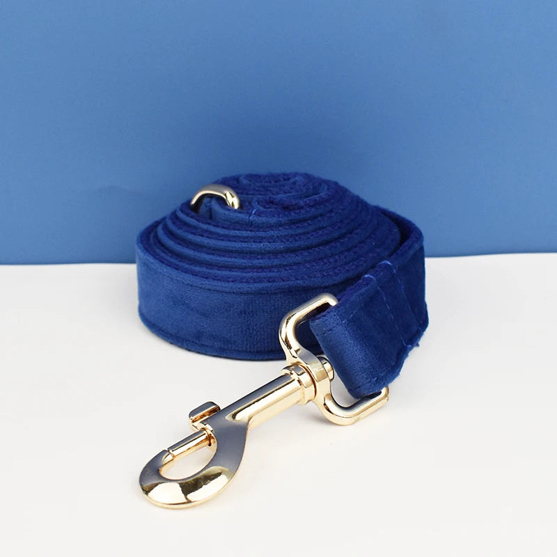 Navy Blue Velvet Dog Collar And Leash Set