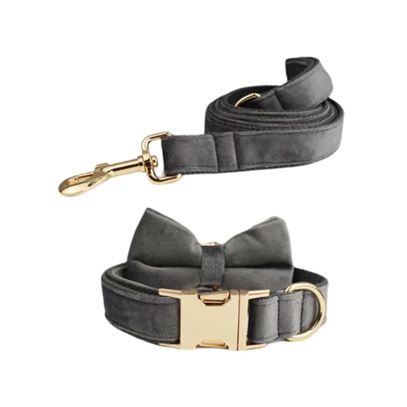 Dark Grey Velvet Dog Collar And Leash Set