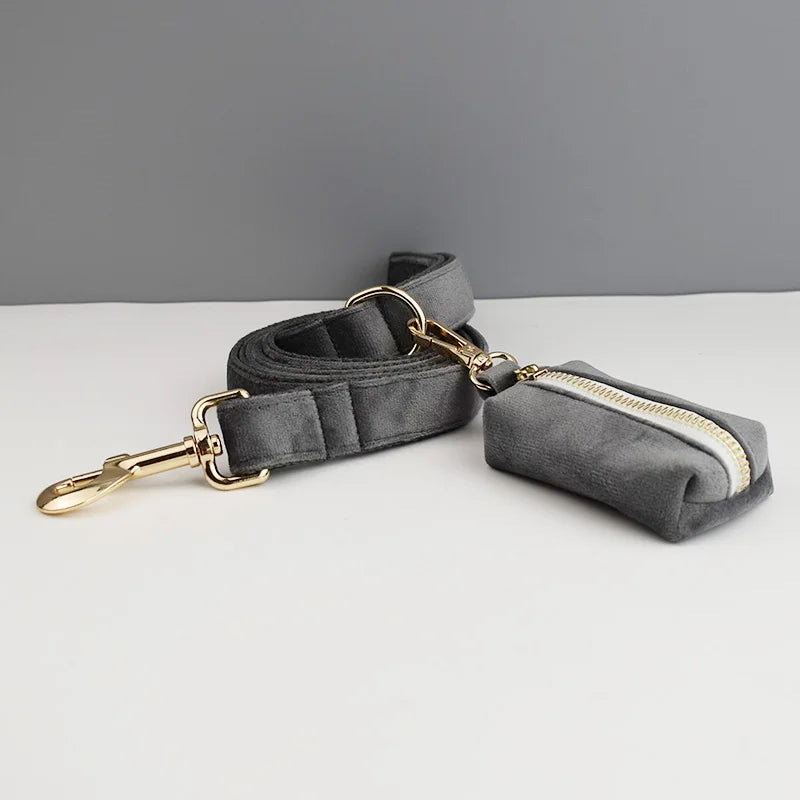 Dark Grey Velvet Dog Collar And Leash Set