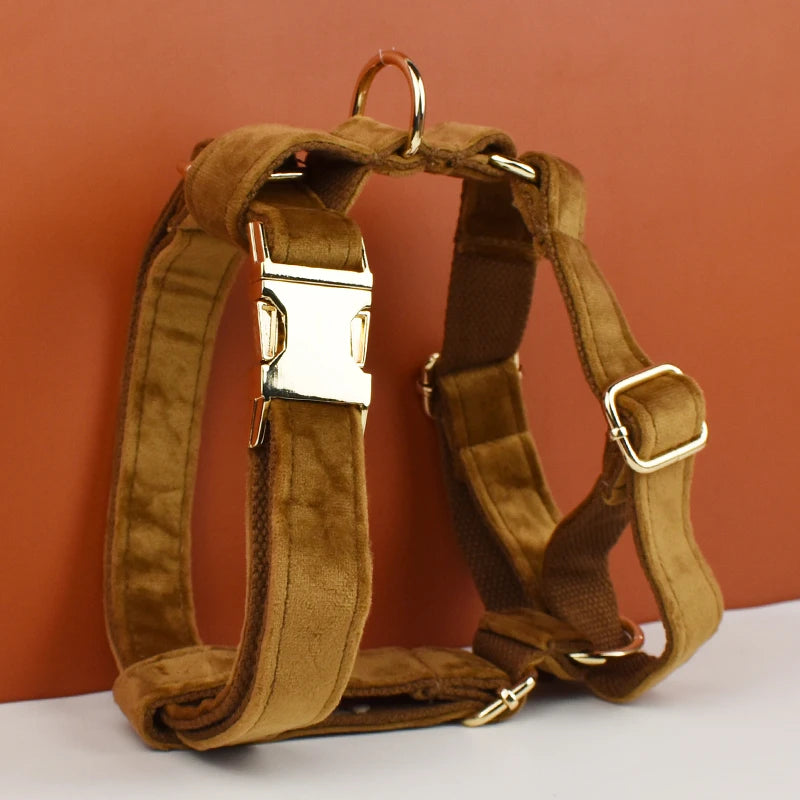 Light Coffee Color Velvet Dog Collar And Leash Set