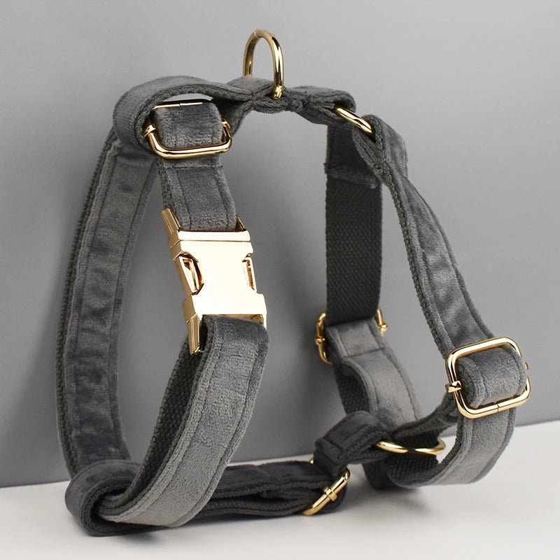 Dark Grey Velvet Dog Collar And Leash Set