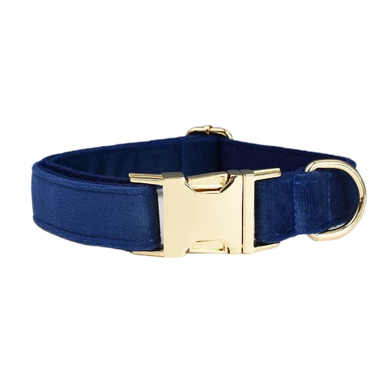 Navy Blue Velvet Dog Collar And Leash Set