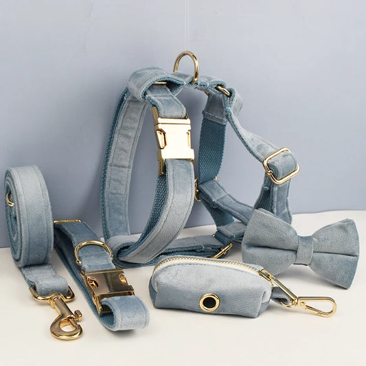 The Nordic Blue Velvet Dog Collar And Leash Set