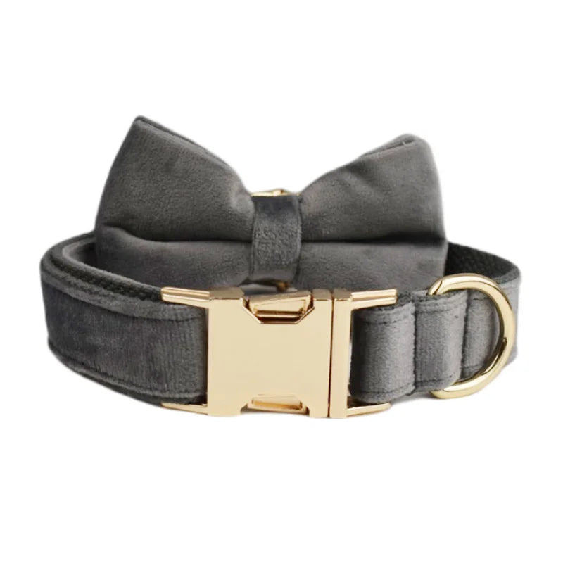 Dark Grey Velvet Dog Collar And Leash Set